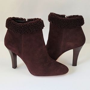Brooks Brothers Sherpa Trimmed Heeled Ankle Bootie Brown Suede Size 8